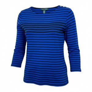 Lauren Ralph Lauren Blue and Black Striped Long Sleeve with Gold RL Buttons